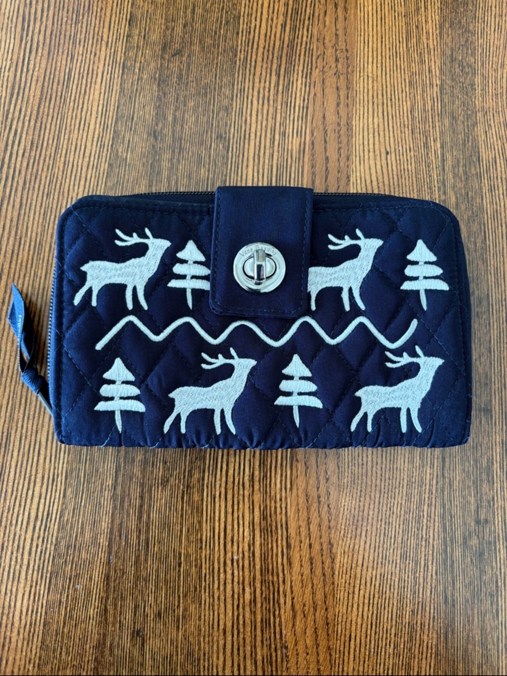 Vera Bradley Navy Quilted Wallet with White Reindeer Print Interior